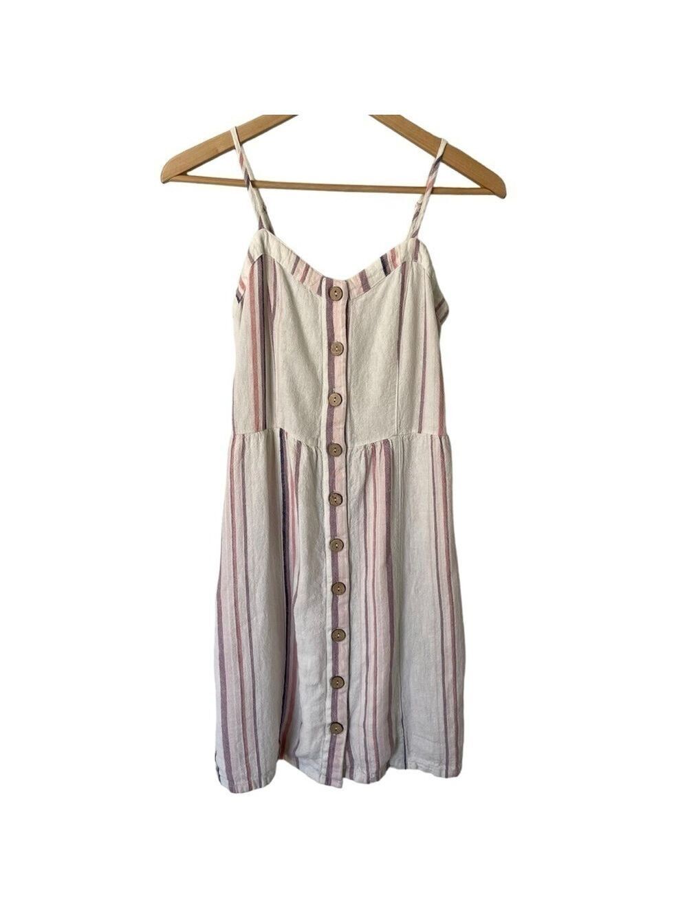 Maurices Linen Blend Dress Sz XS Pink Cream Button Front POCKETS! Easter Spring